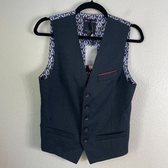 NEW $225 Ted Baker Mens US 34 Business Formal Navy Suit Vest Button Waistcoat - Picture 1 of 11